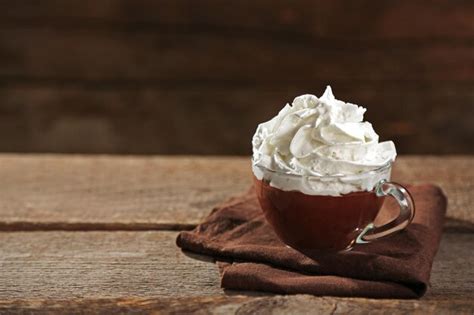 Premium Photo Hot Chocolate With Whipped Cream In Mug On Wooden Background