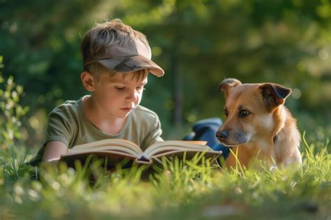 Premium Photo | Boy Reading Book With Dog Beside Him