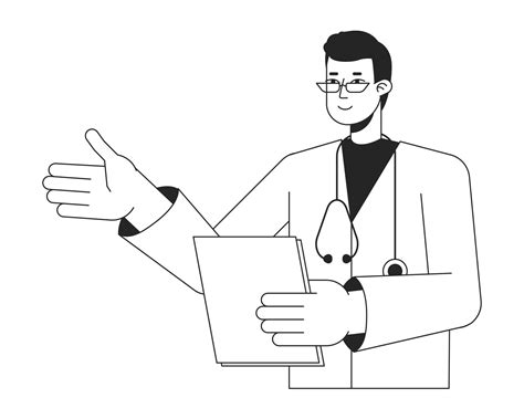 Male Doctor With Medical Clipboard Flat Line Black White Vector