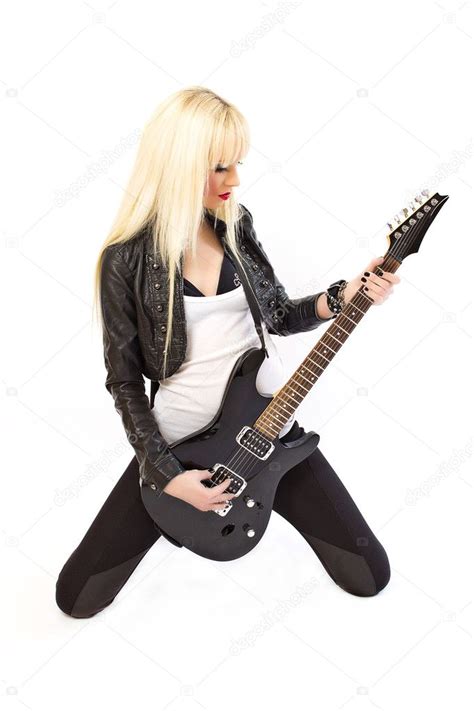 Sexy Blonde Girl In Black Leather Jacket Playing Black Guitar Stock Photo Dmitri Gromov