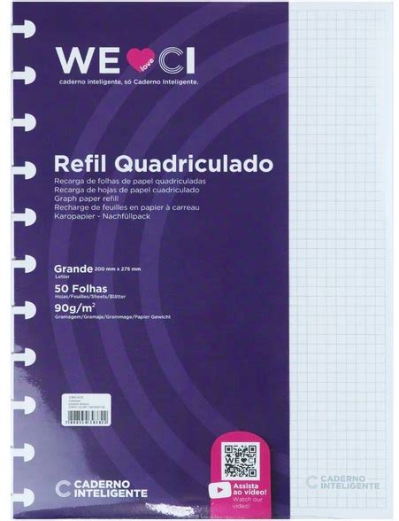 Bloco Refil Folha Inteligente Quadriculado Linha Branca Grande 50Folhas