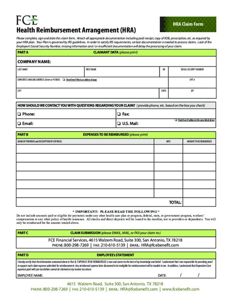 Fillable Online Health Reimbursement Arrangement HRA Claim Form