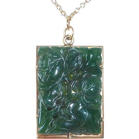 14k & Carved Spinach Jade Pendant Necklace from bejewelled on Ruby Lane