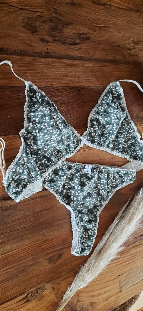 Lilly Lingerie Set Beige And Green Floral Print Bralette And Etsy