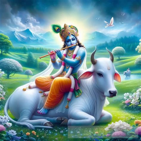 Lord Krishna sitting on a cow