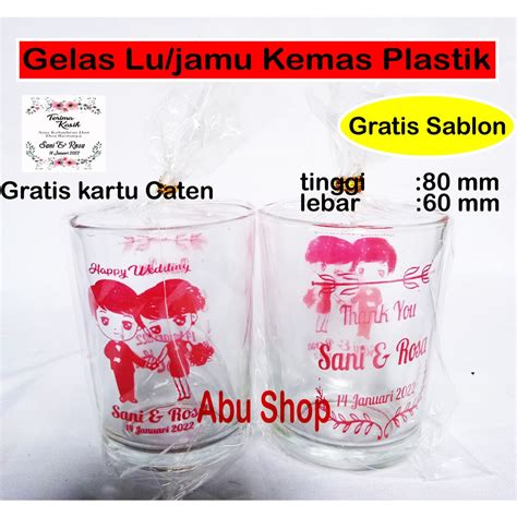 Jual Souvenir Pernikahan Gelas Jamu Bening Kemas Plastik Gratis Sablon