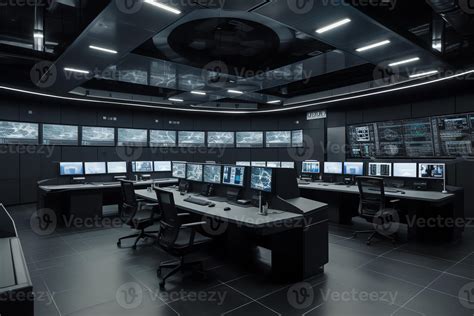 Empty interior of big modern security system control room workstation