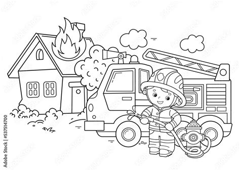 Coloring Page Outline Of Cartoon Fire Truck With Fireman Or Firefighter