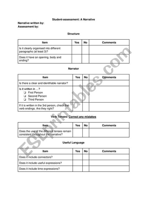 Peer Assessment Rubric A Narrative Esl Worksheet By Mllopez