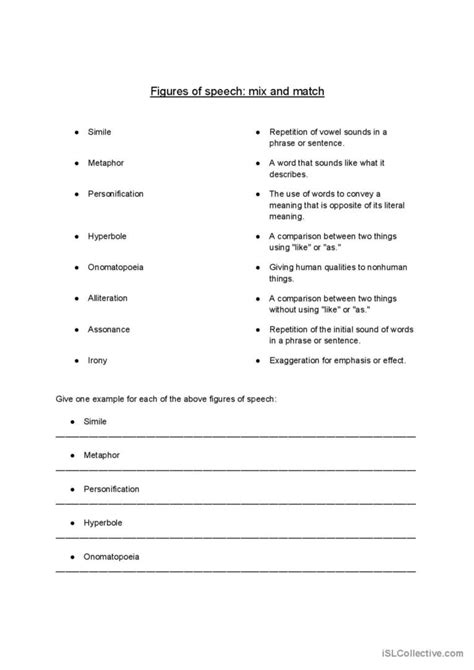 Figures Of Speech Mix And Match Gene English Esl Worksheets Pdf And Doc