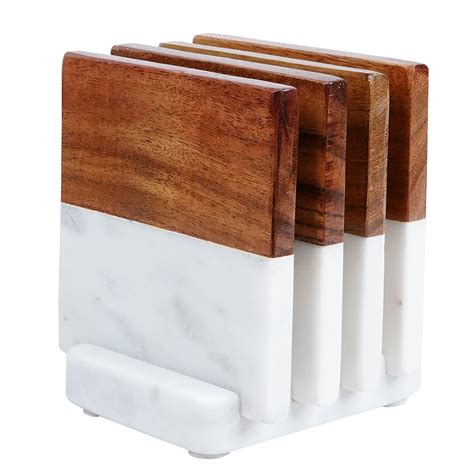 LuxeDesigns Half Marble Half Wood Coaster Set With Holder Reviews