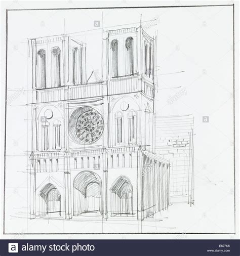 Architectural Perspective Of Notre Dame Cathedral In Paris Drawn By