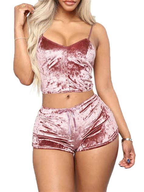 Julycc Women Sexy Lingerie Velvet Crop Sleepwear Pajamas Set Tops Short Pants Nightwear