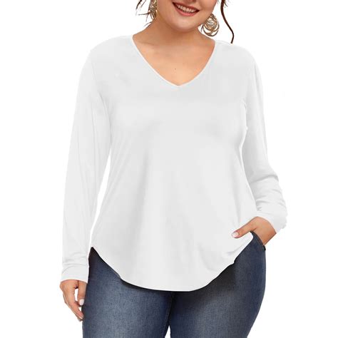 Amoretu Women Tee Shirts Plus Size Long Sleeve V Neck Curved Hem Tops