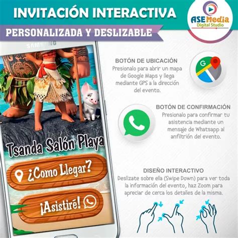 Invitación Digital Interactiva Moana Con Botones Mapa en venta en