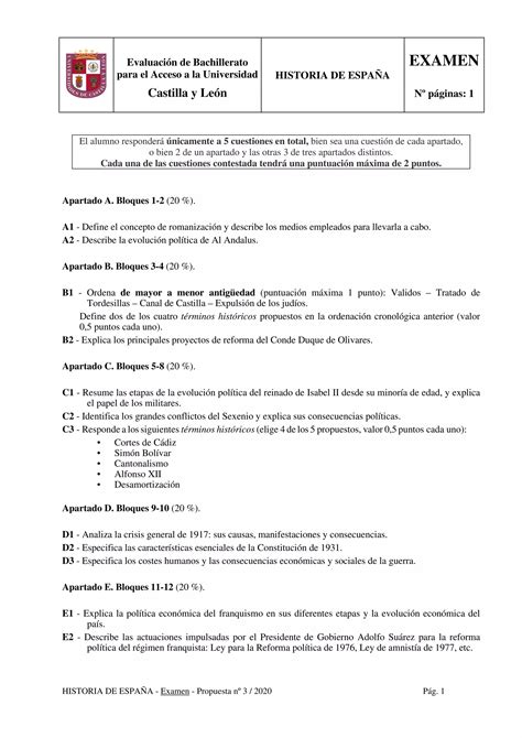 Examen Ebau Historia De Espana Julio 2020 Pdf Descarga Gratuita