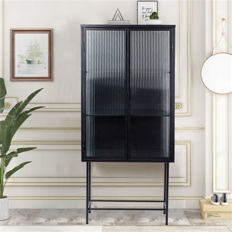 Retro Style Fluted Glass Storage Cabinet Corner Cabinet Sideboard Dual Doors Three Detachable