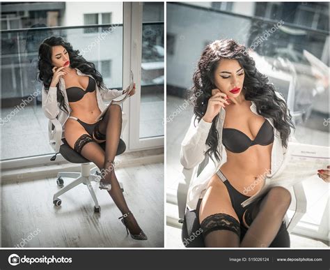 Attractive Woman Black Lingerie Long Legs Posing Reading Newspaper Front Stock Photo By