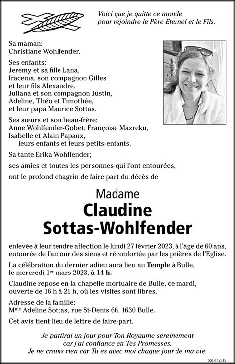 Avis de décès de Madame Claudine Sottas Wohlfender