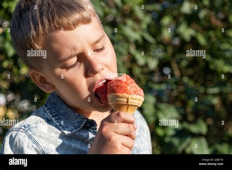 Niño Rubio Comiendo Helado De Fresa En El Parque En Un Cálido Y Soleado