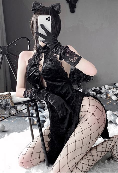 Women Cheongsam Sexy Lingerie Set Halter Lace Velvet Vintage Dress Sexy Costume Outfit For Sale