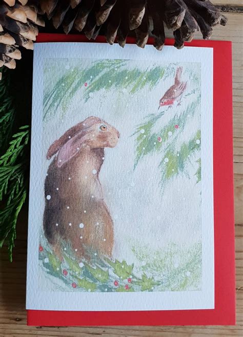 Hare Christmas Card Hare With A Robin Funny Christmas Card Etsy