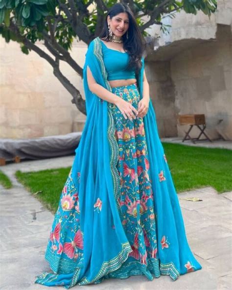 Exclusive Sky Georgette Floral Work Lehenga Choli With Shrug