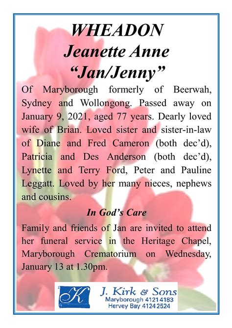 Funeral Notices and Memorials | Hervey Bay and Maryborough