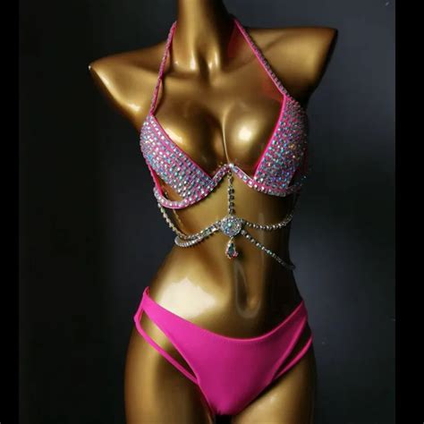 Bar Sexy Rhinestones Bikini Set Women Diamond Rose Pole Dance Outfits Nightclub Party Carnival