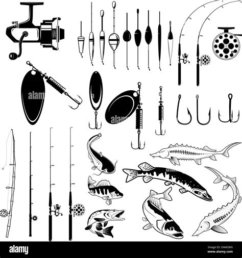 Set Of Fishing Tools River Fish Icons Equipment For Fishing Design