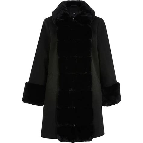 Black Faux Fur Panelled Swing Coat Black Faux Fur Swing Coats Coat