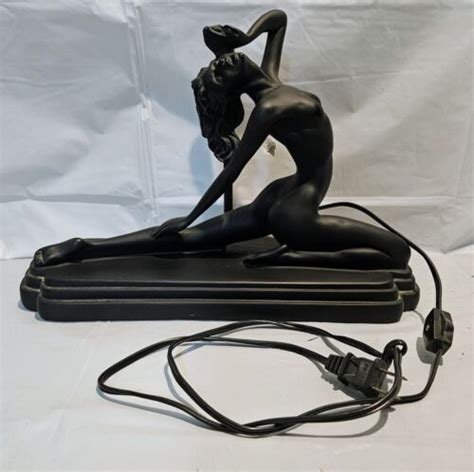 Vintage MCM Art Deco Nouveau Style Black Nude Lady Woman Sculpture Lamp