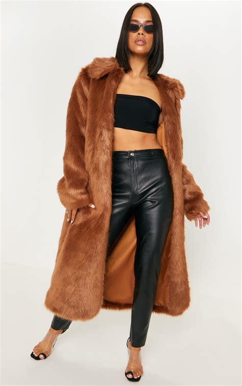 Brown Maxi Faux Fur Coat Coats And Jackets Prettylittlething Ie