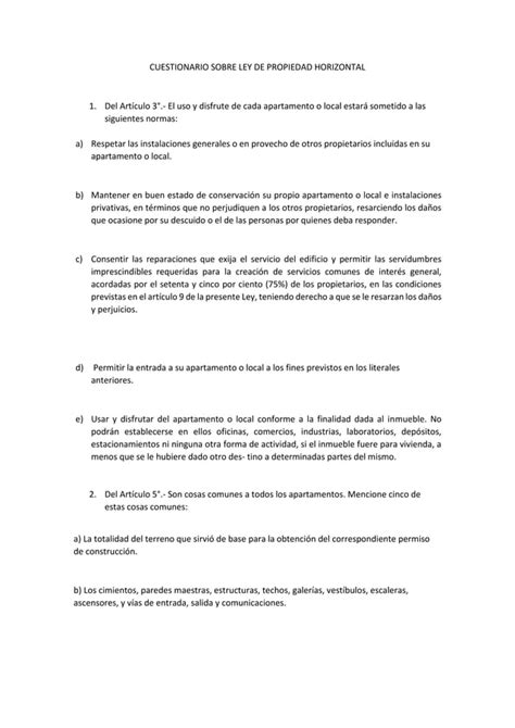 Cuestionario Sobre Ley De Propiedad Horizontal PDF