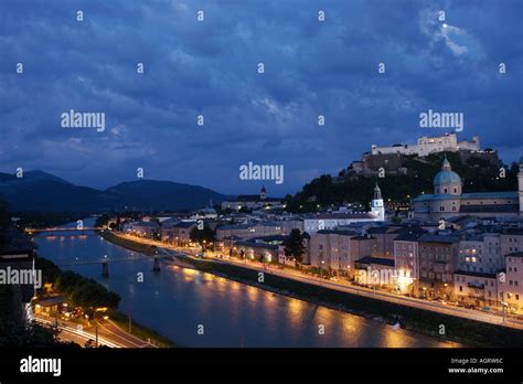 Night view of Salzburg old town with Hohensalzburg fortress at the ...