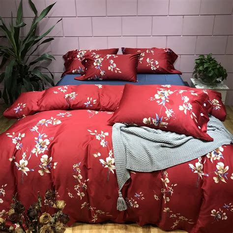 Tutubird Red Flower Floral Satin Duvet Cover Luxury 100 Egyptian Cotton Bedding Set Bedclothes