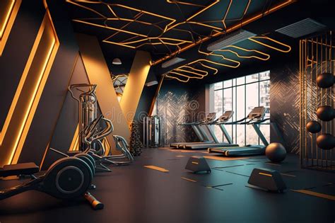 Modern Gym Interior With Sport And Fitness Equipment And Panoramic