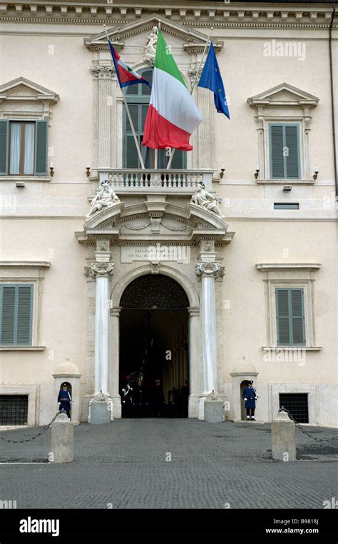 Piazza del Quirinale Square Quirinale building Entrance Italian flagTwo soldiers Sentries Guards ...