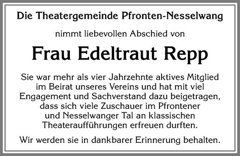 Traueranzeigen Von Edeltraut Repp Allg Uer Zeitung