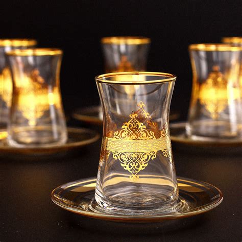 6x Gold Color Arabic Tea Glasses Set With Saucers