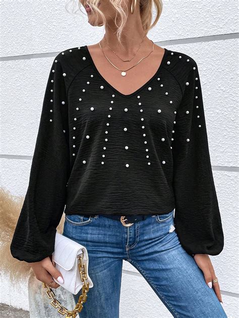 Shein Essnce Pearls Beaded Lantern Sleeve Blouse Shein Usa