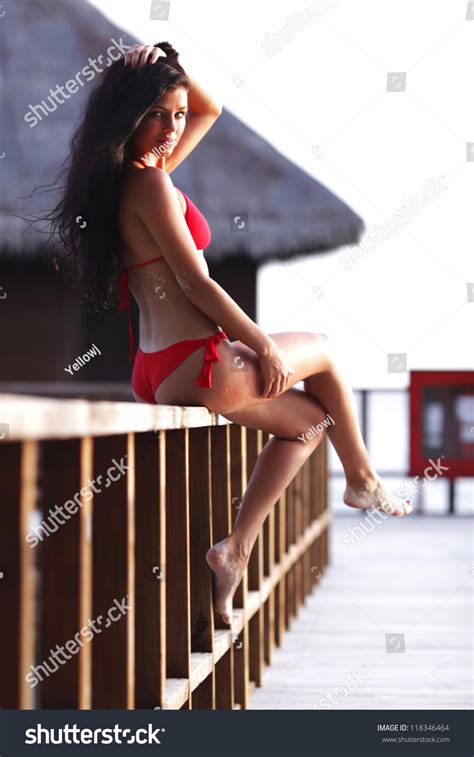 Woman Red Bikini Sitting On Fence Stock Photo 118346464 Shutterstock