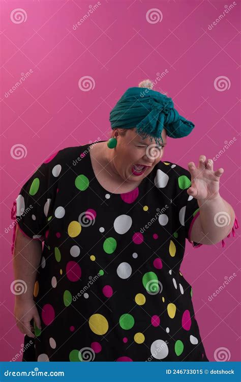 Plus Size Model Woman With Trendy Makeup Fashionable Blonde In Black Short Dress Posing At The