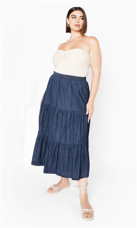 Women's Plus Size Denim Tier Dark Midi Skirt