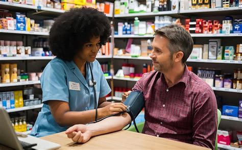 Pharmacist Measuring Mature Mans Blood Pressure Premium AI Generated Image