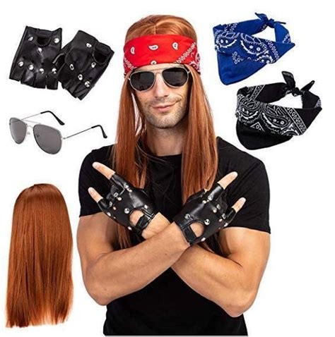 Rockstar 90s Heavy Metal Rocker Costume With Wig Gloves Sunglasses