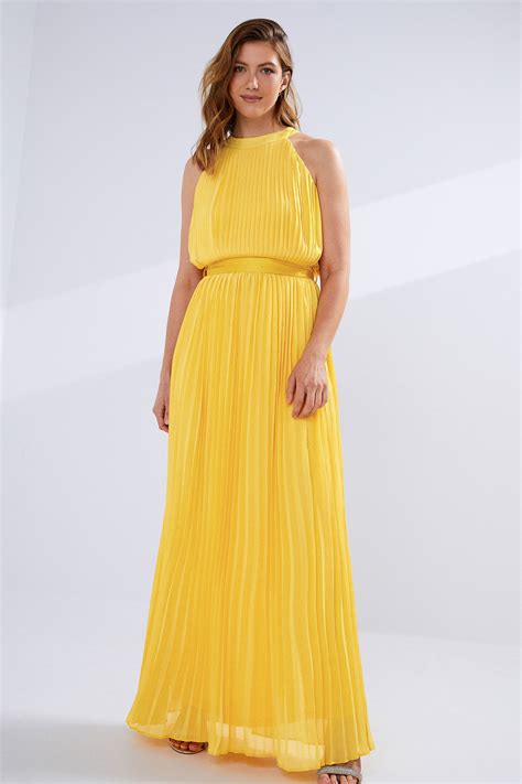 Lts Tall Womens Yellow Pleated Halter Neck Maxi Dress Long Tall Sally