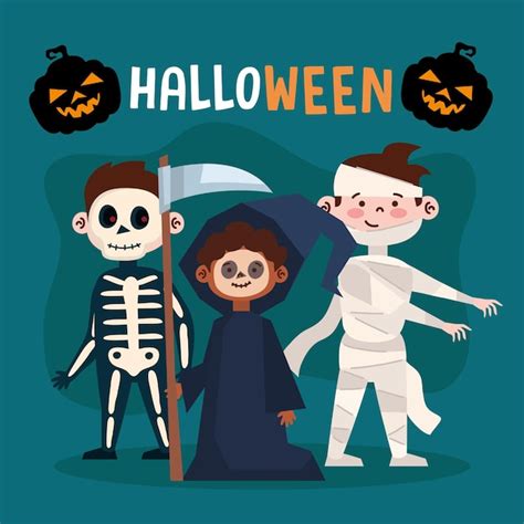 Letras de halloween con niños disfrazados Vector Premium