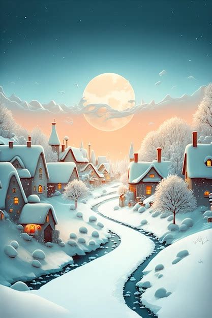 Premium AI Image | Painting of a snowy village at night generative ai