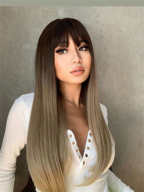 Ombre Long Straight Synthetic Wig With Bangs Pretty Hair Color Hair